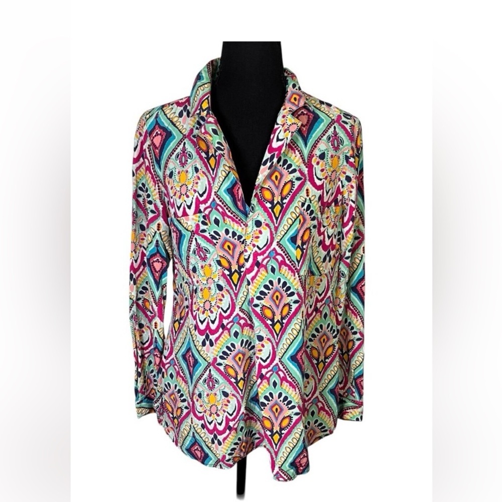 LILLY PULITZER Crown Jewels Boston Top 100% Silk Colorful Pockets Sz M Retired